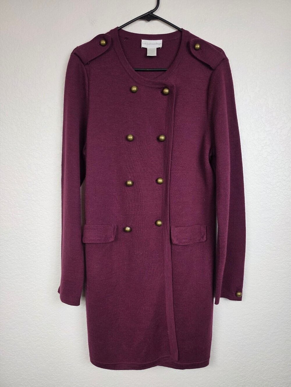 Soft Surroundings Burgundy Wool Blend Military Coat Y2K